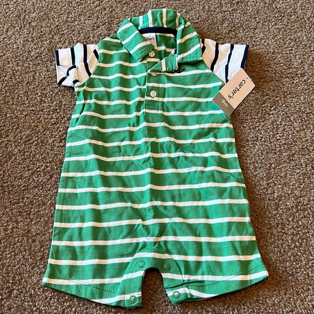 Carter’s BNWT 9 month Green striped Romper with anchor